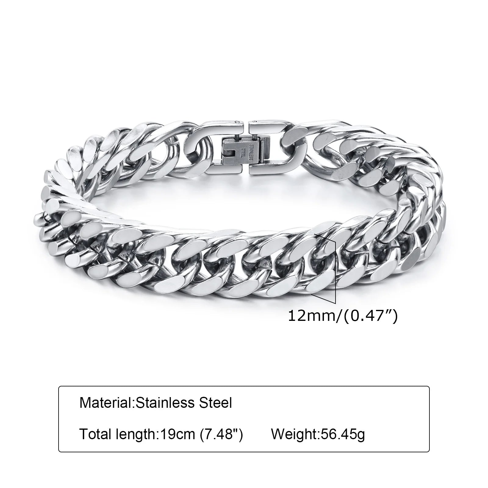 Men's Chunky 8/10/12/15MM Stainless Steel Cuban Chain Bracelets,Never Fade Silver Color Metal Hip Hop Male Wristband Pulseira