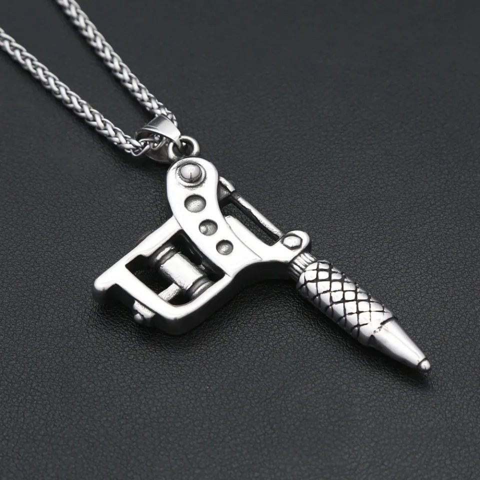 Vintage Stainless Steel Tattoo Machine Tool Pendant Necklace For Men Women Punk Hip Hop Tattoo Artist Gifts Jewelry