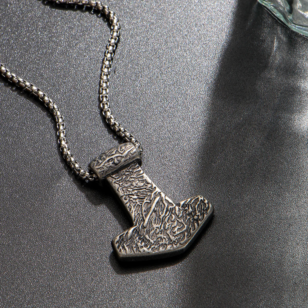 Mjolnir Thor Hammer Box Chain Pendant Necklace — Stainless Steel