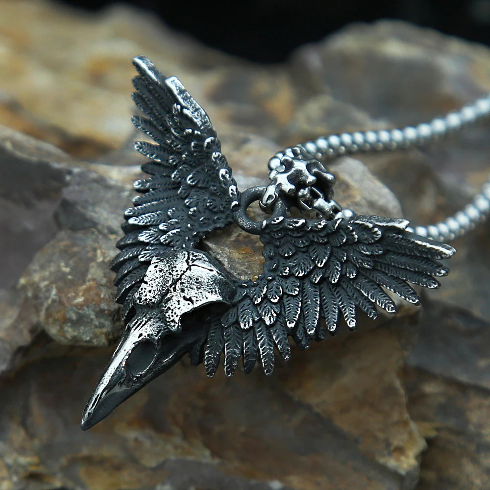 Vintage Punk Raven Skull Pendant Black Stainless Steel Wing Necklace Men Biker Unique Animal Amulet Jewelry Gifts