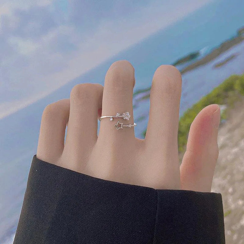 Exquisite 925 Sterling Silver Adjustable Zircon Hollowed-out Five-pointed Star Ring for Women Korean Jewelry Accessories Gifts