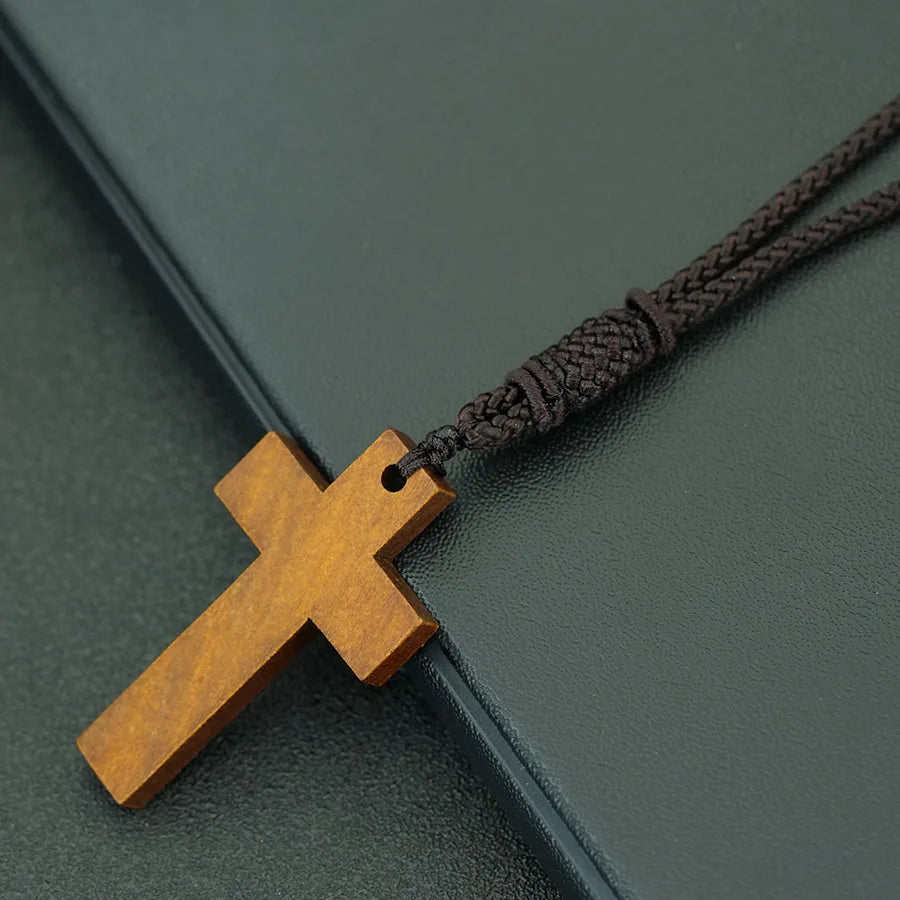 Retro Wooden Cross Pendant Necklace 24" Rope Cord