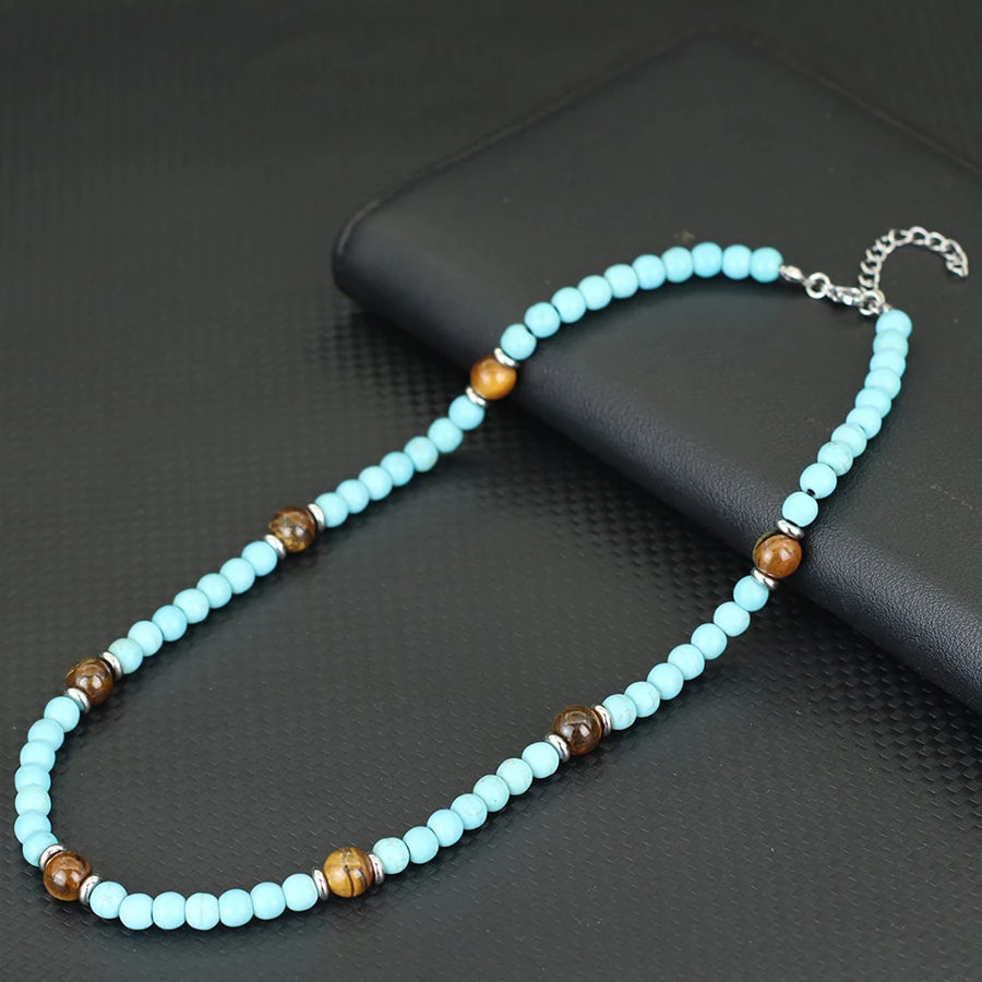 Fashionable Natural Stone Necklace Men Turquoises Hematite Tiger Eyes Beads 50cm Short Collar Jewelry Office Erkek Kolye Joias
