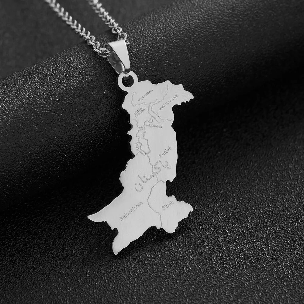 Pakistan Map Urdu Pendant Necklace — Stainless Steel