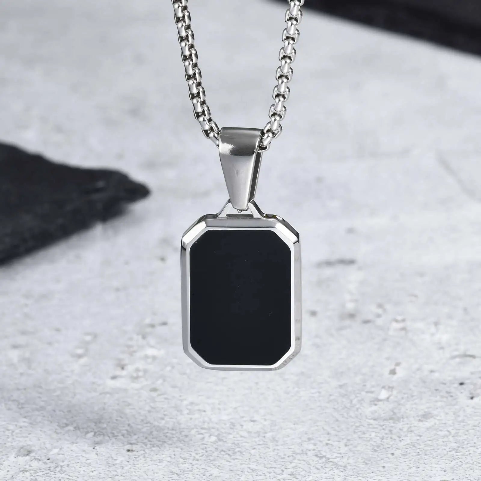 Black Enamel Rectangle Rope Chain Pendant
