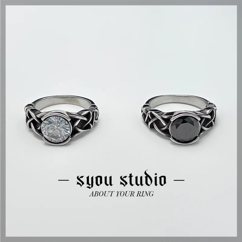 Nordic Viking Knot Rune Ring — White Stone, Stainless Steel