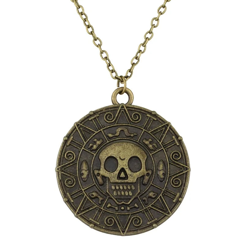 Movie Accessories Akg Pirates Of The Caribbean Aztec Gold Color Coin Necklace Retro Skull Pendant Punk Hip Hop Necklace