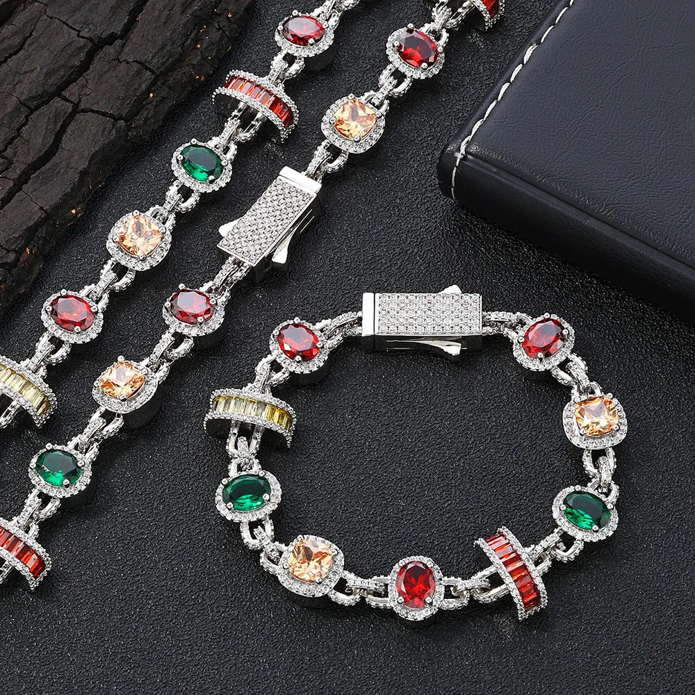 Gold Iced Out Chain Necklace Ruby Emerald 18K