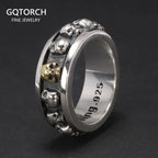 S925 Sterling Silver Rotating Spinner Skull Mens Rings Retro Punk Rock Style Aneis Vintage Fine Jewelry