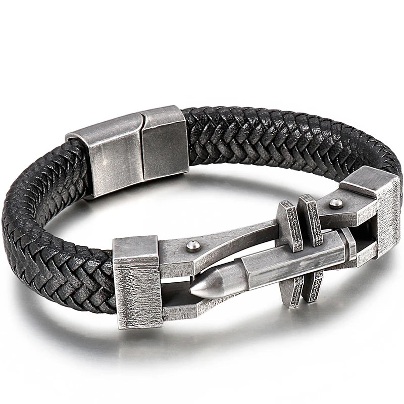 11MM Braided Leather Man Bracelet For Men Gold Color Stainless Steel Men's Charm Cross Bracelets Handmade Hand Bands