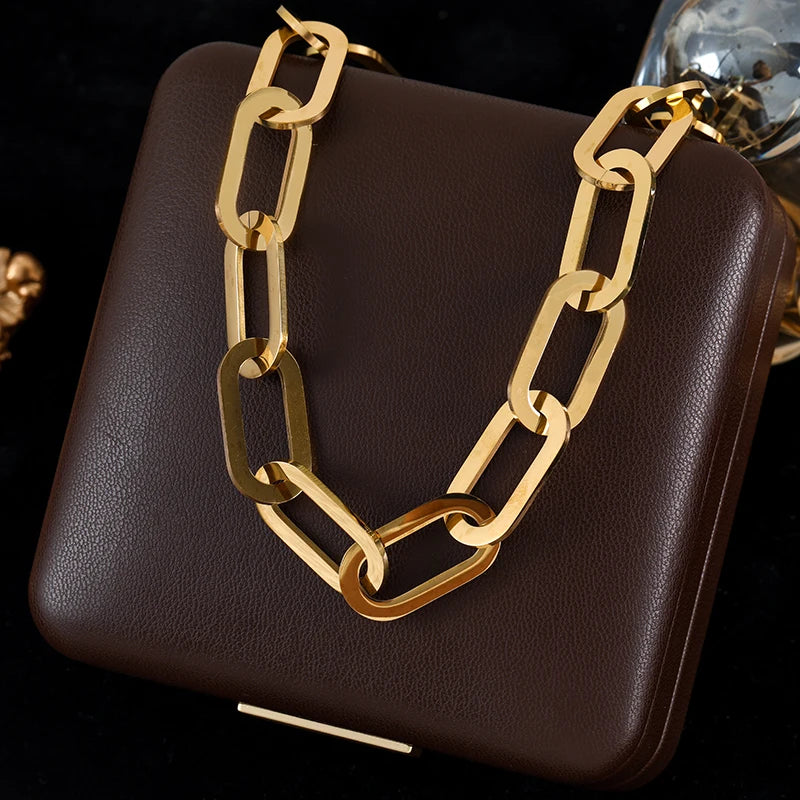 GANEMLY 316L Stainless Steel Metal Cuban Chain Necklace For Women Hip Hop Punk Waterproof 18K Gold Plated Neck Chain Jewelry