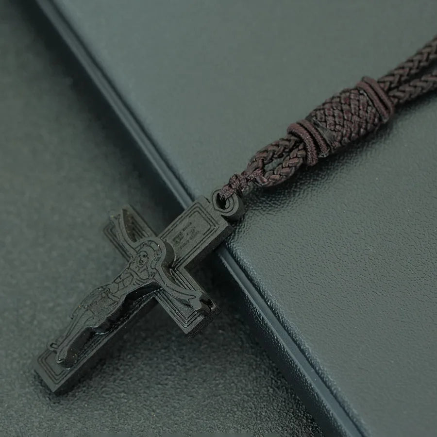 Retro Wooden Cross Pendant Necklace 24" Rope Cord
