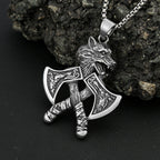 Viking Double Axe Wolf Head Pendant — SS