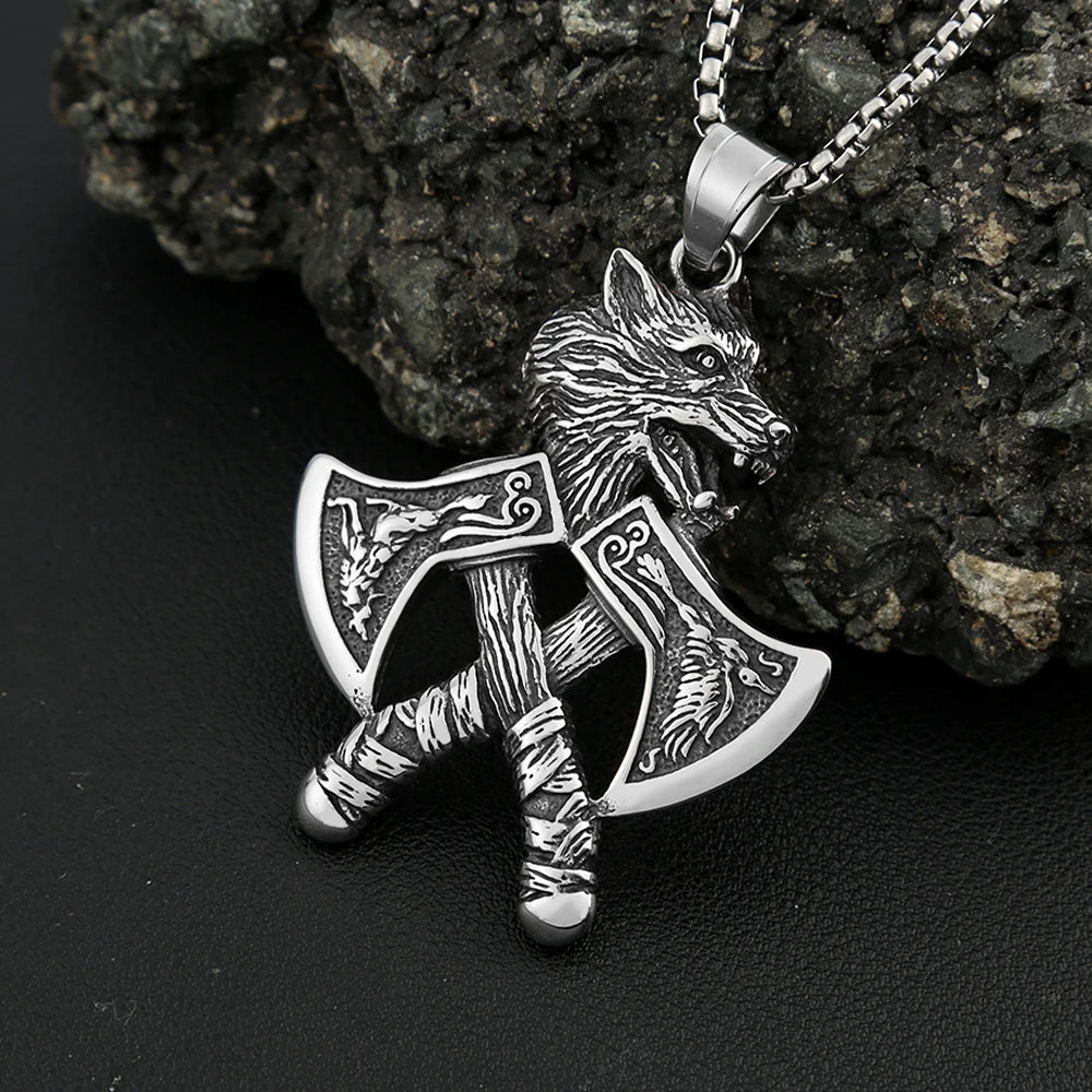 Viking Double Axe Wolf Head Pendant — SS