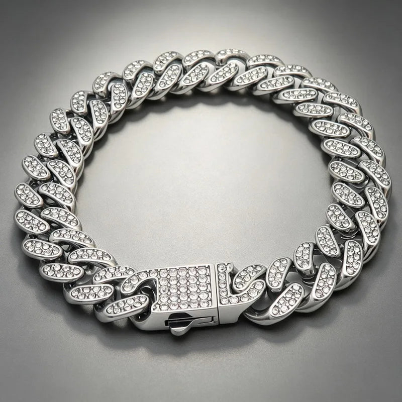 11mm full Rhinestone Miami Chain Bracelet for Men Rock Thick Cuban Chain Stainless Steel Punk Biker Jewelry Gifts