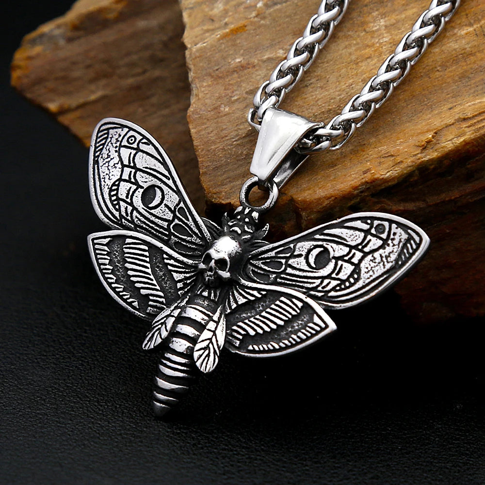 Death Head Moth Skull Pendant Necklace For Men Stainless Steel Gothic Punk Jewelry Halloween Animal Theme Collar Chain Gifts