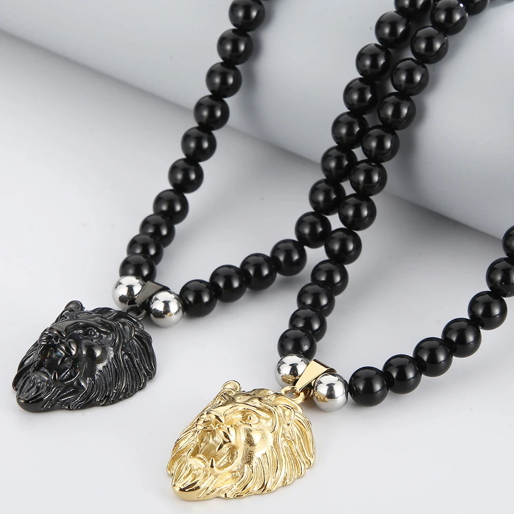 Steampunk Lion Head Pendant Necklace for Men With 66CM Agate Beads Chain Black Gold Color Hiphop Jewelry Bold Statement