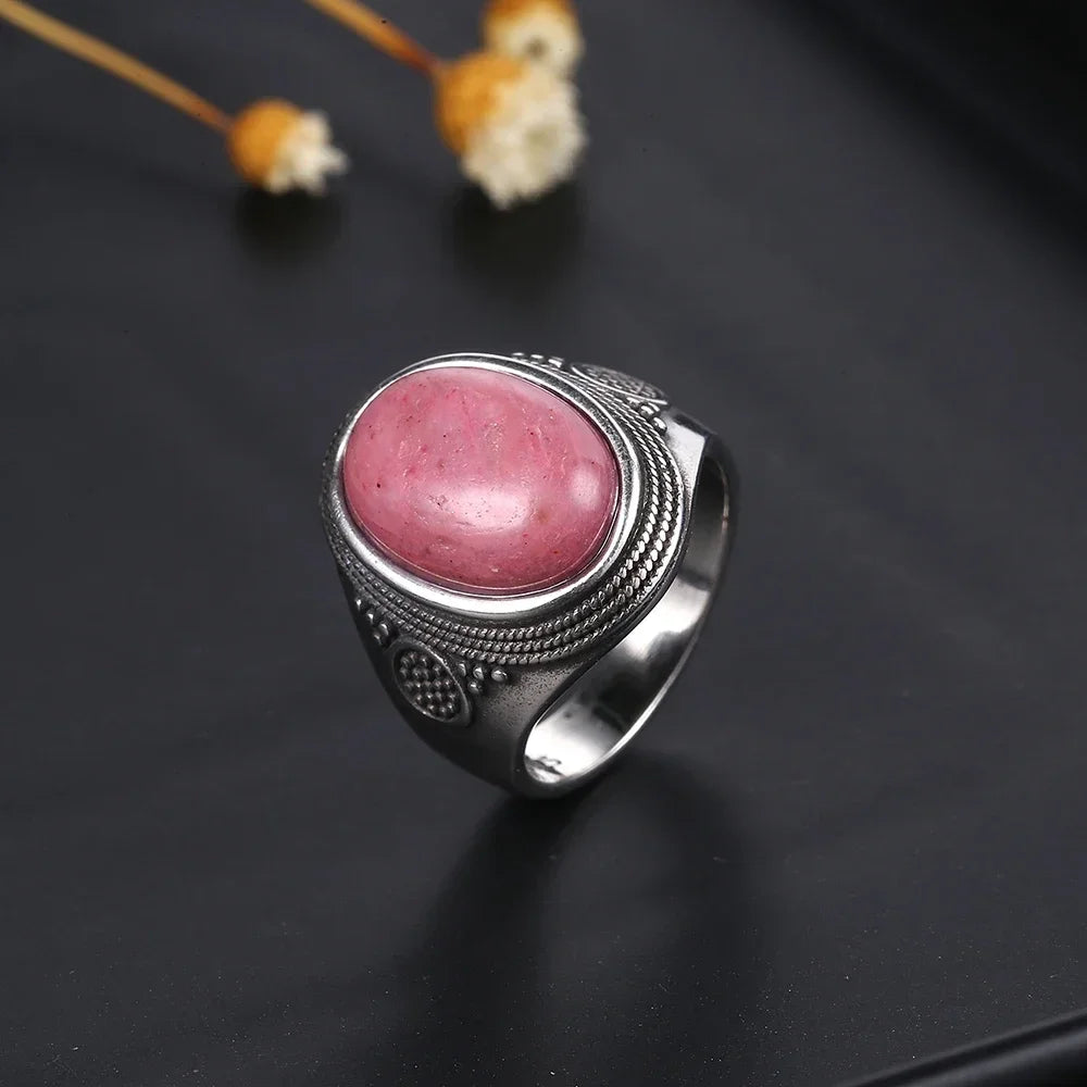 Silver Plated Rings Large Natural 10x14MM Black Agate Ring for Women Men Silver Party Jewelry Tiger Eye Turquoise Lapis