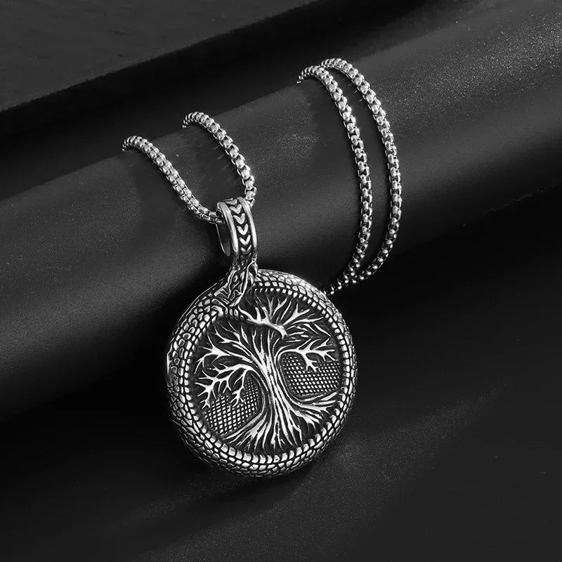 Retro Domineering Ouroboros Wrapped Around The Tree of Life Pendant Necklace Men's Personalized Punk Cool Casual