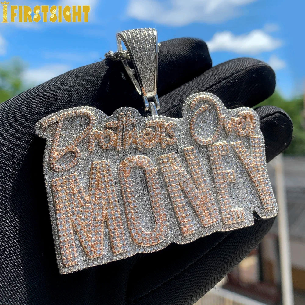 New Hip Hop Money Pendant Necklace Gold Color Iced Out Bling CZ Cubic Zirconia Letters Rich Dollar Charm Men Women