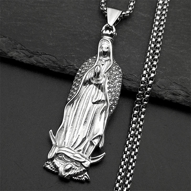 Virgin Mary Guadalupe Rhinestone Necklace — Stainless Steel