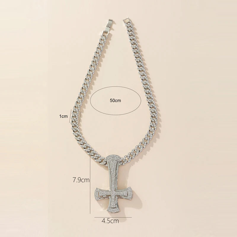 Iced Out Inverted Cross Pendant Necklace 11mm Miami Chain