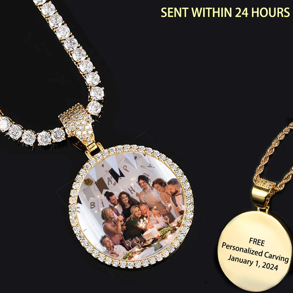 Iced Out Photo Pendant Necklace 35MM Circle