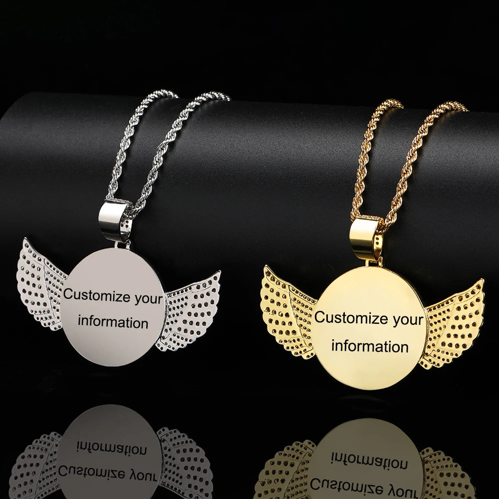 Angel Wings Photo Pendant Necklace Iced Out