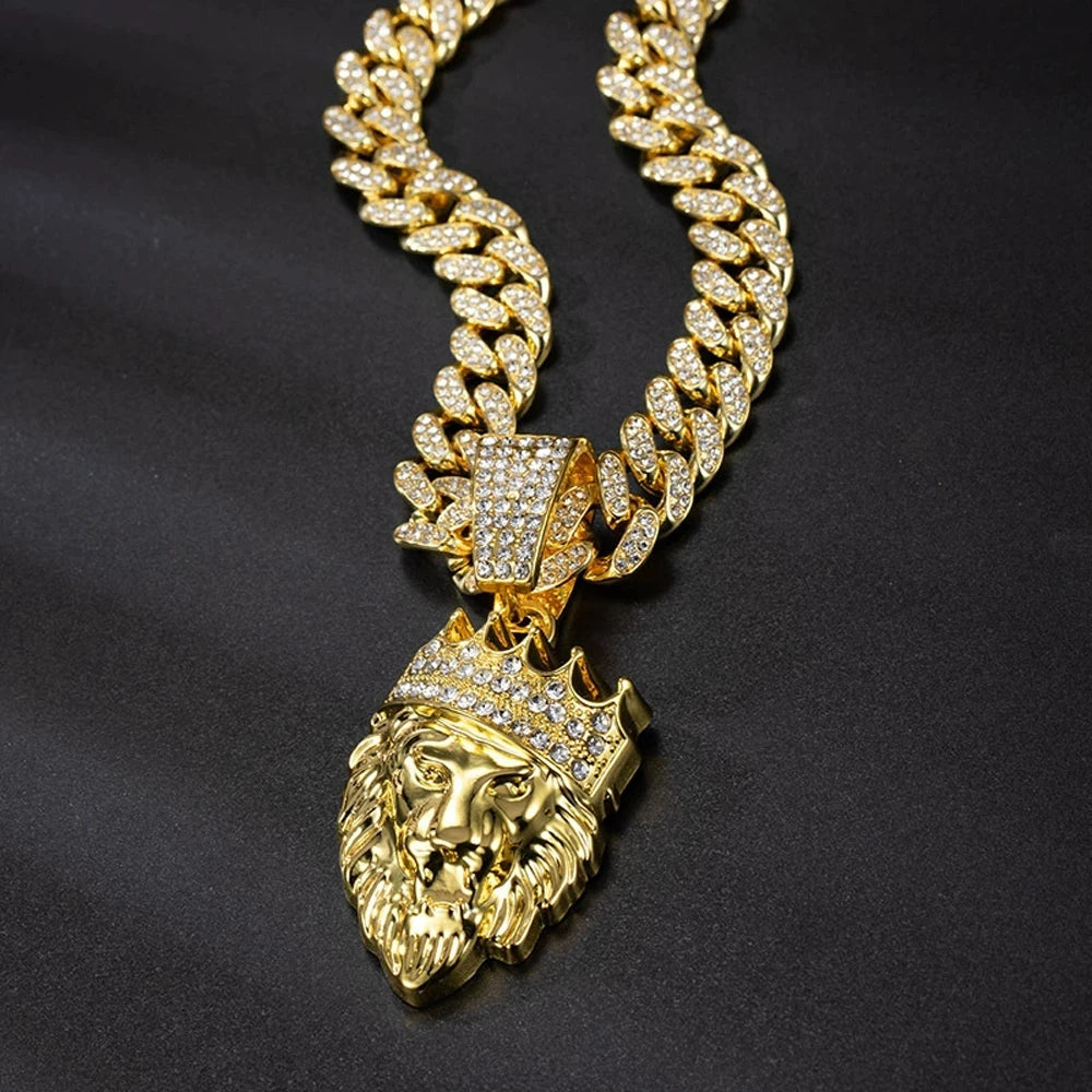 3D Crown Lion Head Cuban Pendant — Stainless Steel