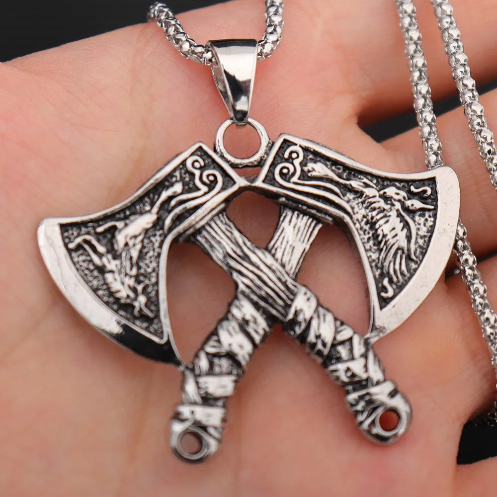 NORRON Wolf Eagle Relief Double Battle Axe Pendant Necklace Men Personality The Phoenix Viking Axe Alloy Pendant Fashion Jewelry