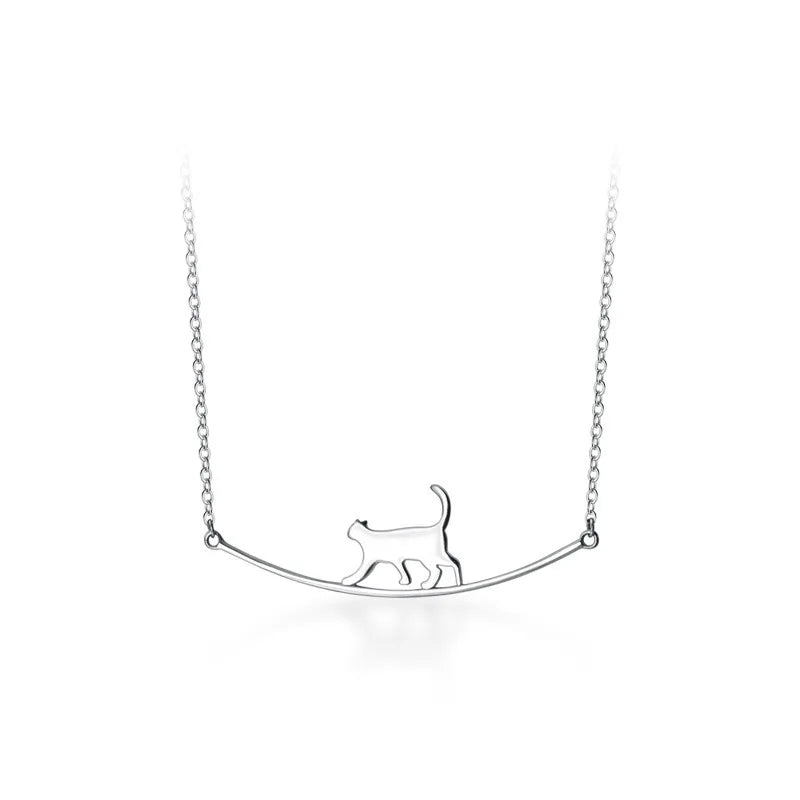 New Fashion Cat Curved Simple Personality 925 Sterling Silver Jewelry Cute Animal Walking Cat Clavicle Chain Necklaces  XL090