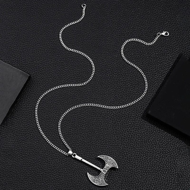 Men's Viking Axe Pendant Necklace Silver Tone Alloy Celtic Pattern Link Chain Retro Nordic Style Fashion Jewelry Accessory