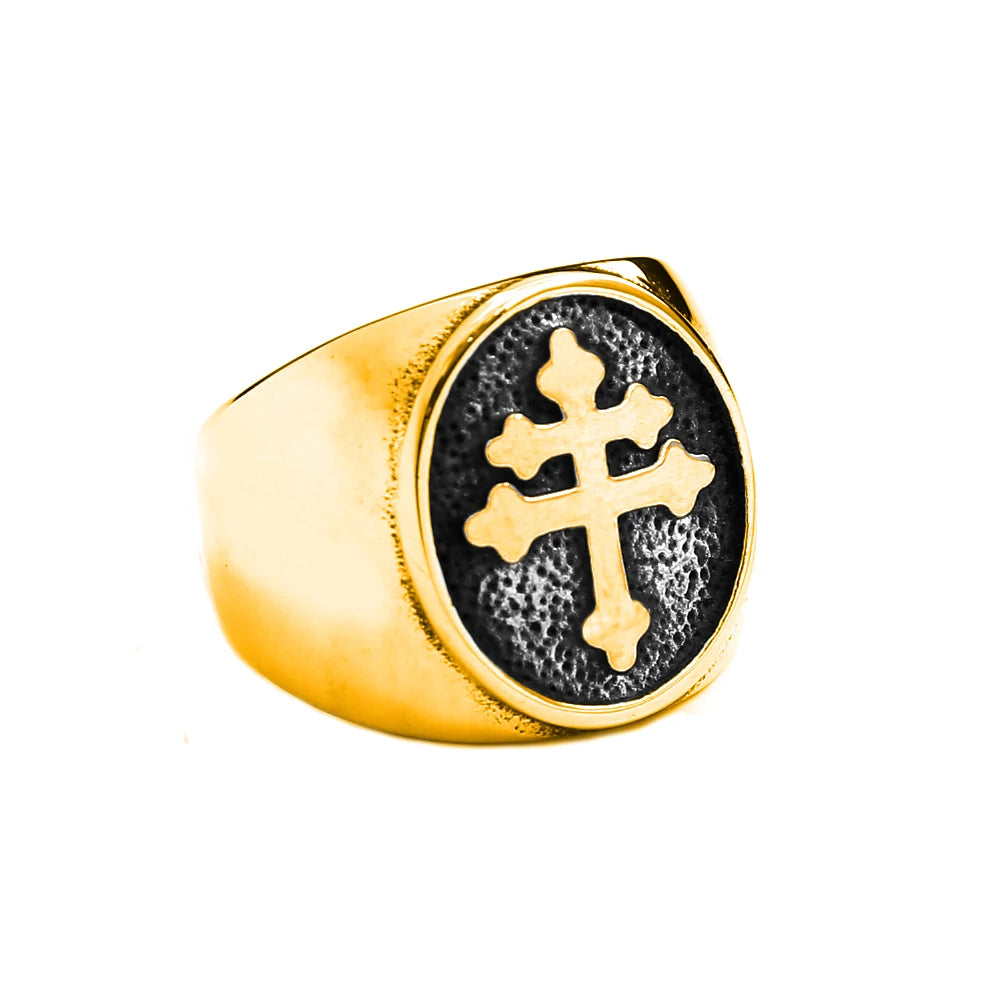Classic Lorraine Cross Signet Ring for Men Gold/Silver Color Stainless Steel Orthodox Cross Ring Male Punk Biker Jewelry