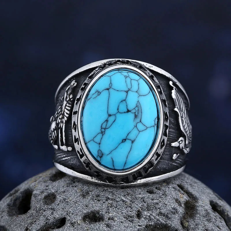 Viking Odin Wolf Rune Ring, Blue Stone — Stainless Steel