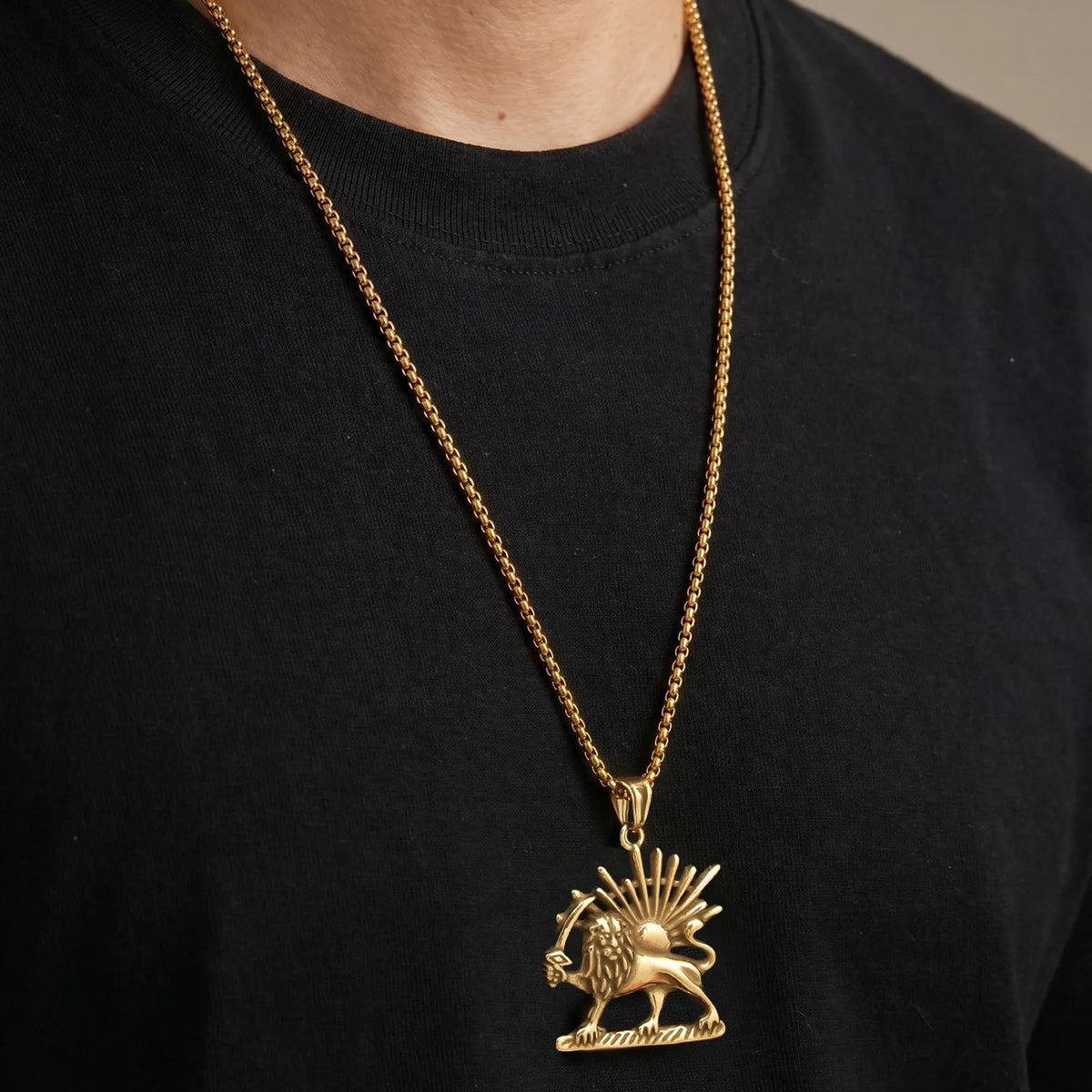 Lion Sun Pendant Necklace for Men Him, Stainless Steel Gold Silver Color Box Chain, Streetwear Daily Jewelry Gift