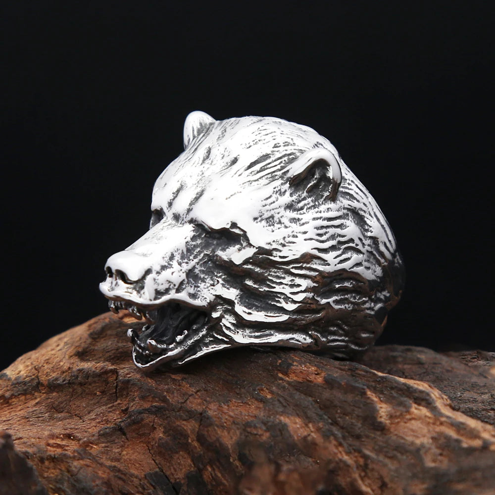 Viking Steel Ring Nordic Bear Head Slavic