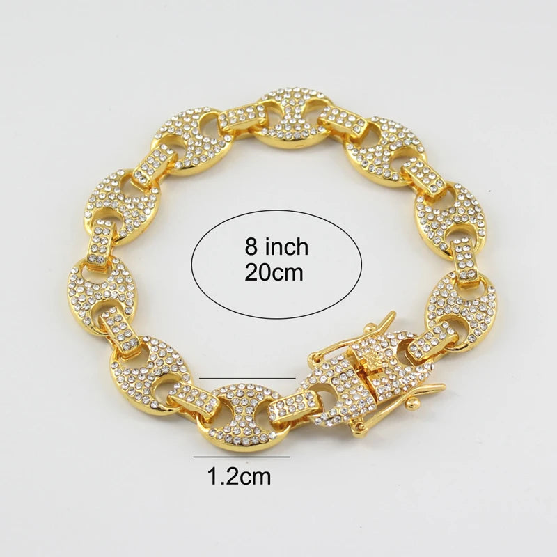 Iced Out Coffee Bean Cuban Link Chain Bracelet 12mm — Two-Tone