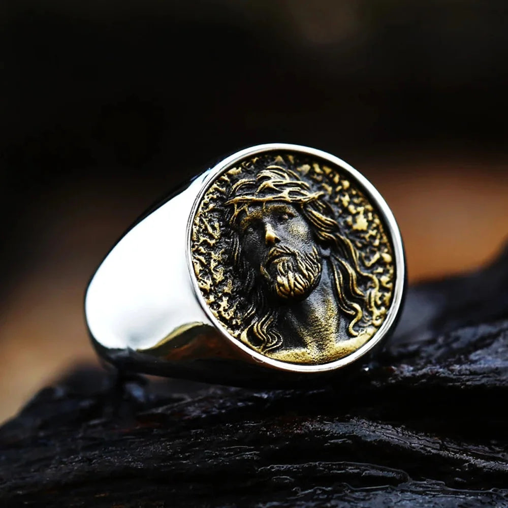 Jesus Face Signet Ring — Crown of Thorns, Stainless Steel