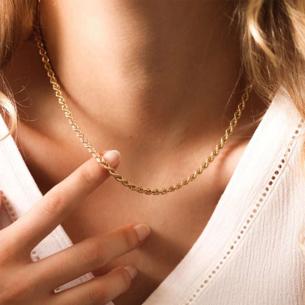 EManco Rope Chain Necklace Stainless Steel Never Fade Waterproof Choker Men Women Jewelry Gold Color Chains 3/4MM Wholesale