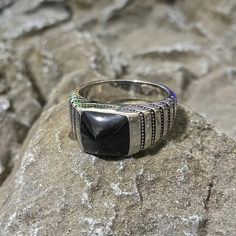Square Simple Ring Stainless Steel Black Epoxy Vintage Men Ring Geometric Gift Fashion Women Unisex Punk Metal Jewelry