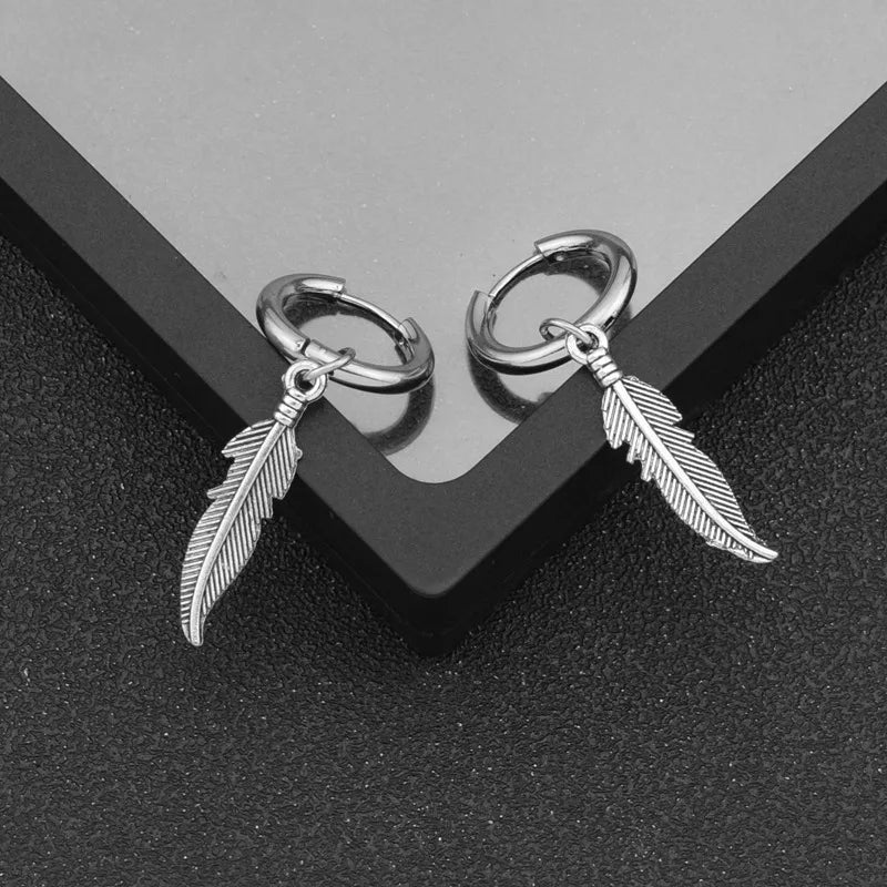 Vintage Feather Round Hoop Earrings — Stainless Steel