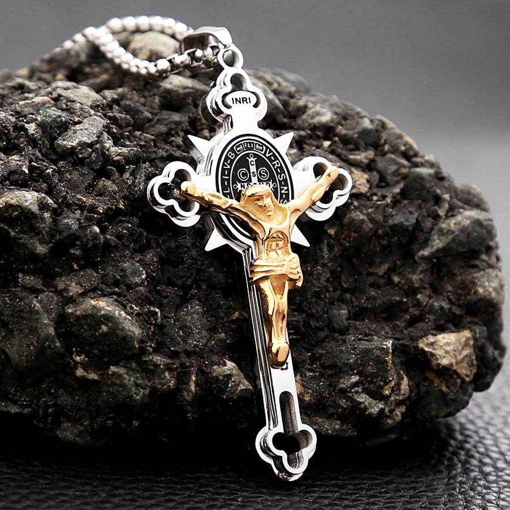 Vintage Christian Jesus Cross Pendant Necklace Men's Stainless Steel Religious Jesus Necklaces Prayer Baptism Jewelry Wholesale