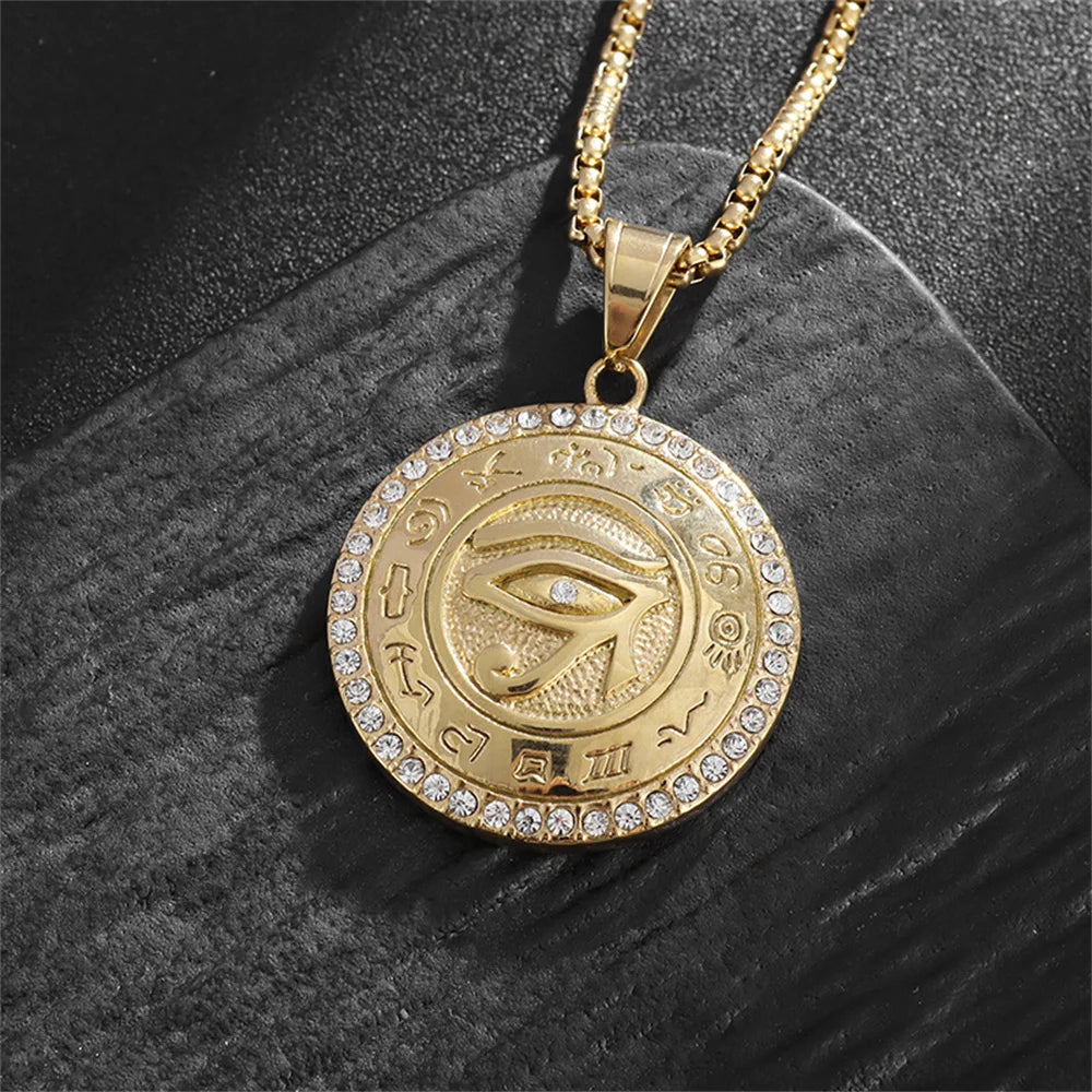 Ancient Egypt The Eye of Horus Pendant Gold Male Color Stainless Steel Zircon Round Necklace for Men Egyptian Jewelry Gift 2025