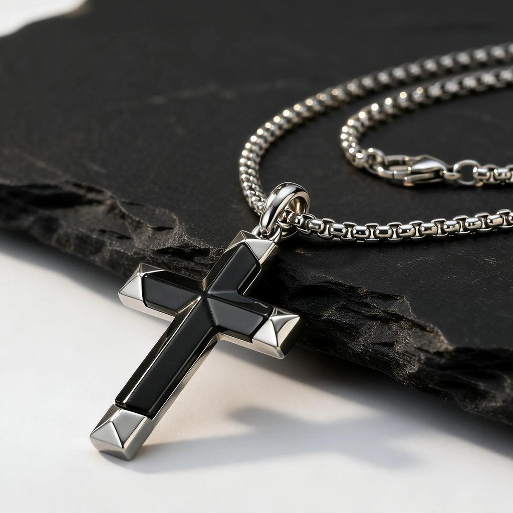 Luxury Natural Black Onyx Cross Necklace for Men,Waterproof Stainless Steel Cross Pendant,Jewelry Gift for Husband