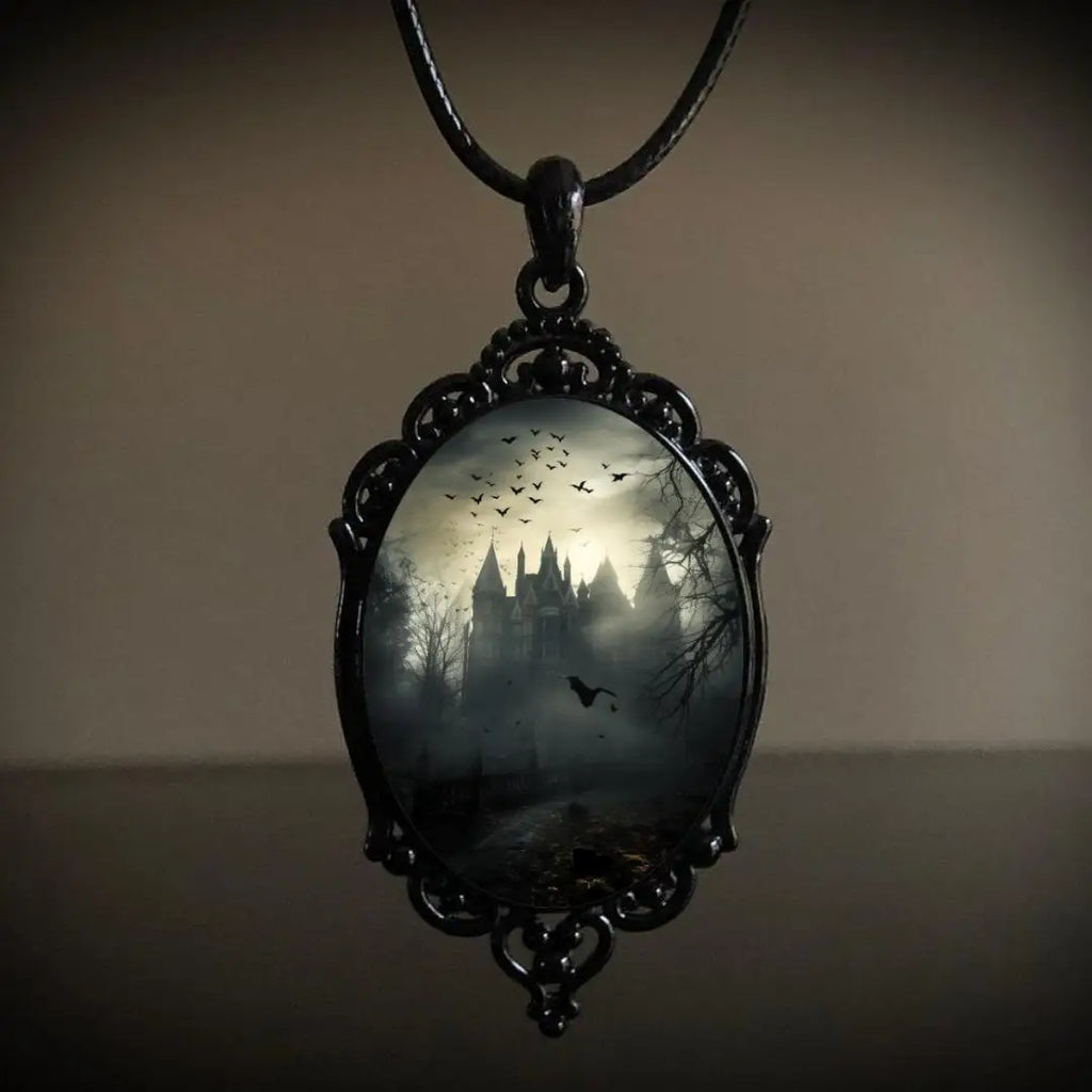 Gothic Crow Black Forest Charm Necklace Fashion Witch Jewelry Gift Pagan Cross Black Cat Skull Glass Pendant Necklace
