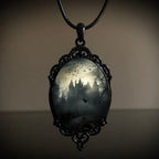Gothic Crow Black Forest Charm Necklace Fashion Witch Jewelry Gift Pagan Cross Black Cat Skull Glass Pendant Necklace