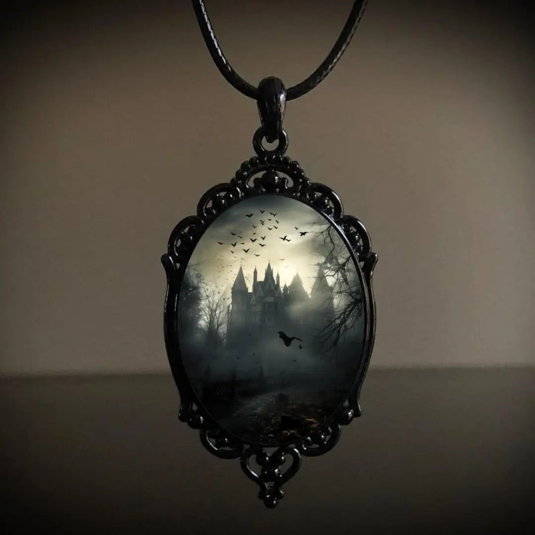 Gothic Crow Black Forest Charm Necklace Fashion Witch Jewelry Gift Pagan Cross Black Cat Skull Glass Pendant Necklace