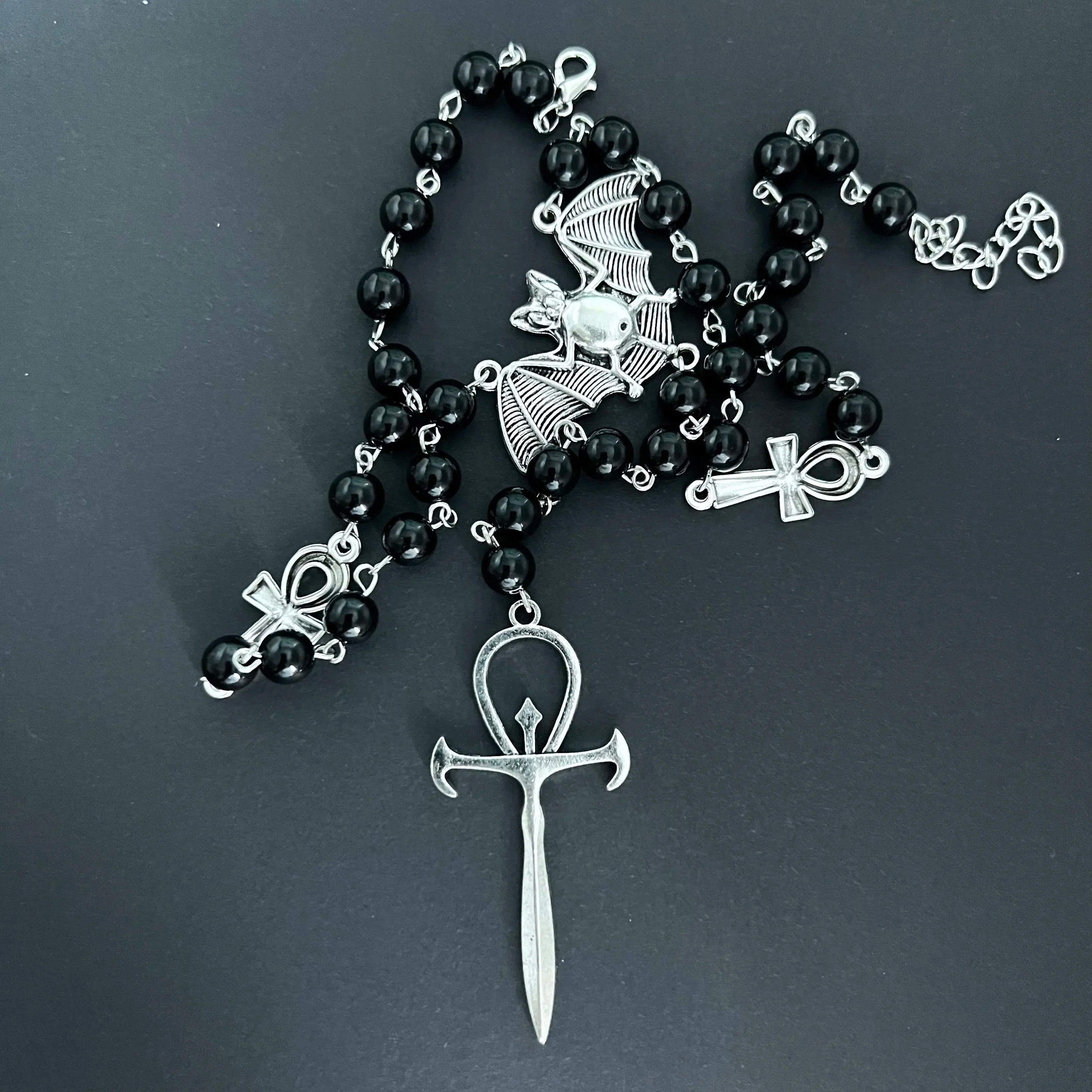 Gothic Bat Cross Rosary Necklace for Women Fashion Mystery Witch Jewelry Accessories Gift Silver Color Bat Charm Vampire Choker
