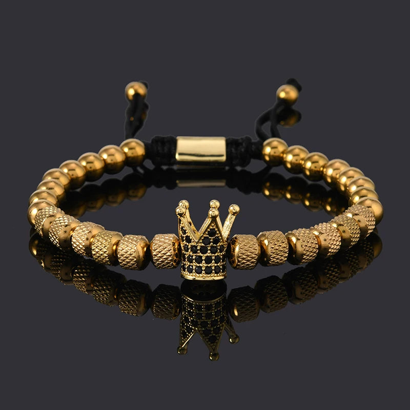 Luxury Stainless Steel Beads Royal Gold Crown Charm Man Bracelet Handmade Women Jewelry Gift