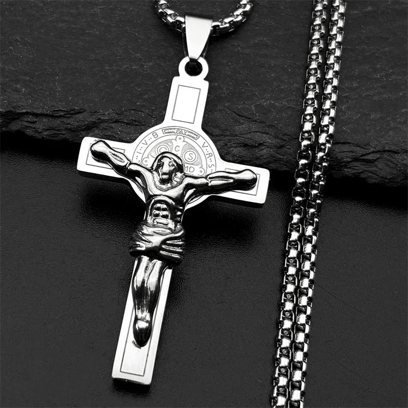 Saint Benedict Jesus Crucifix Chain Necklace — Stainless Steel